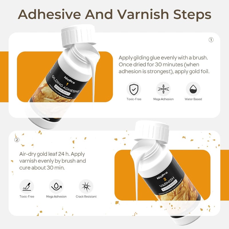 Nicpro طقم لاصق ورق الذهب، 100 مل لاصق مائي و100 مل طلاء، 100 ورقة من ورق الذهب للفنون، الرسم، الحرف، الأثاث والديكور مع 4 فرشاة - Image 3